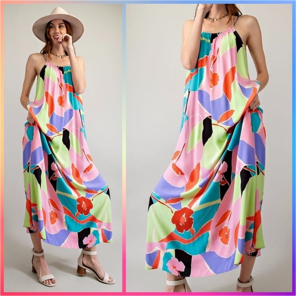 📌 EASEL Tropical Pucci-Like Floral Print Flowy Maxi Cami Dress Adjustable Straps - Picture 6 of 16